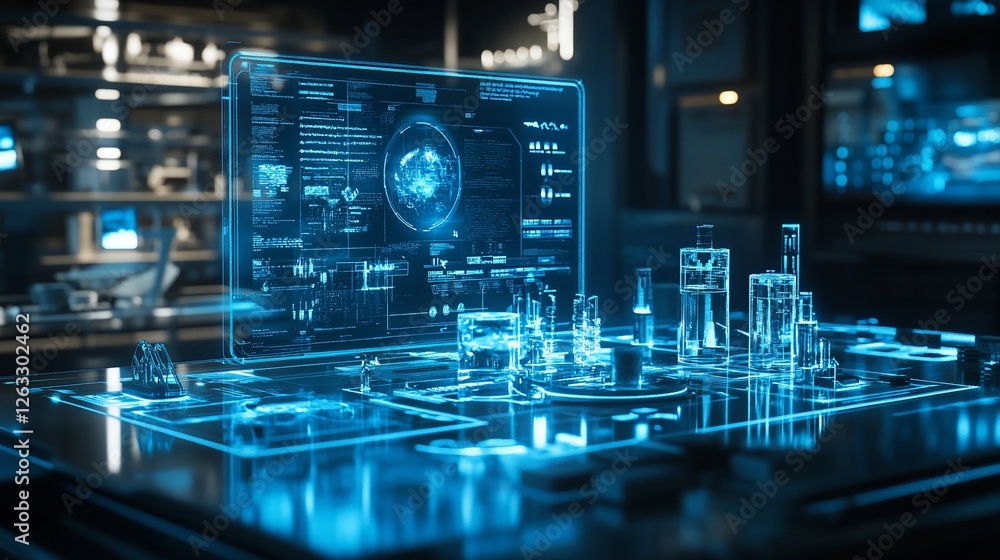 Poster futuristic holographic display showing advanced technological cityscape simulation