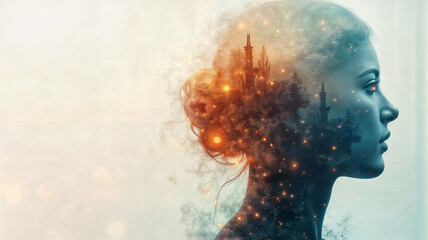 Woman's profile with dreamlike landscape. Inner world imagination. Mindscape of thoughts and memories.