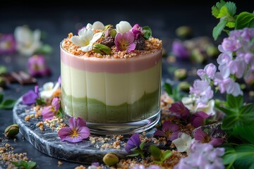Elegancki, warstwowy deser pistacjowy z kwiatami w szkle na ciemnym tle