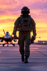 Soldier walking in the airstrip near fighter jet with colorful sunset for military use. Generative AI
