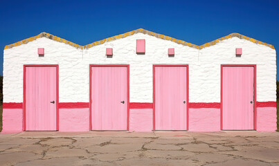 Fototapeta premium Colorful beach huts with pastel pink doors under a clear blue sky, perfect for vibrant summer vacations and coastal adventures in sunny destinations