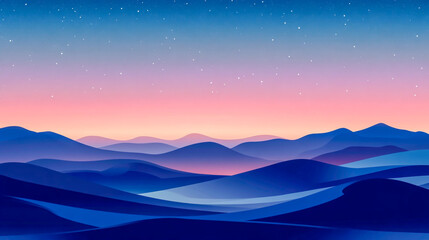 Obraz premium Serene Dawn Landscape with Rolling Desert Sand Dunes, Tranquil Modern Wallpaper Featuring a Cool Gradient Starry Sky