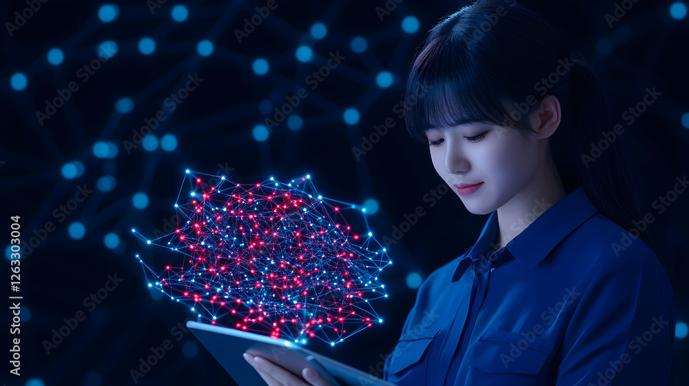 Poster woman using tablet with digital network, connecting in cyber futuristic space. generative ai