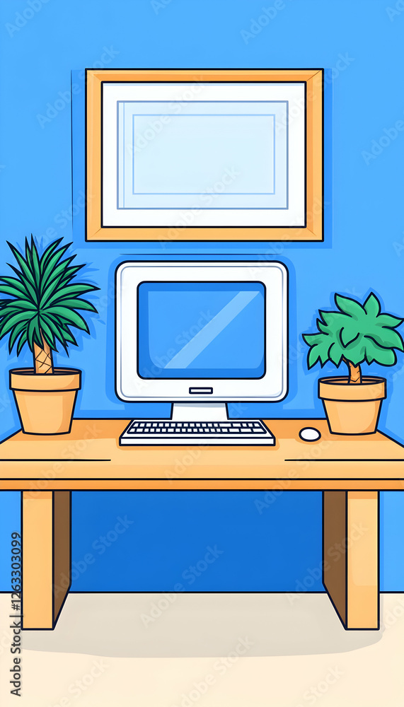 Poster work desk with plants and frame for home office concept or remote learning. generative ai