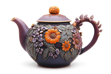 Traditional purple clay teapot isolated on white background.