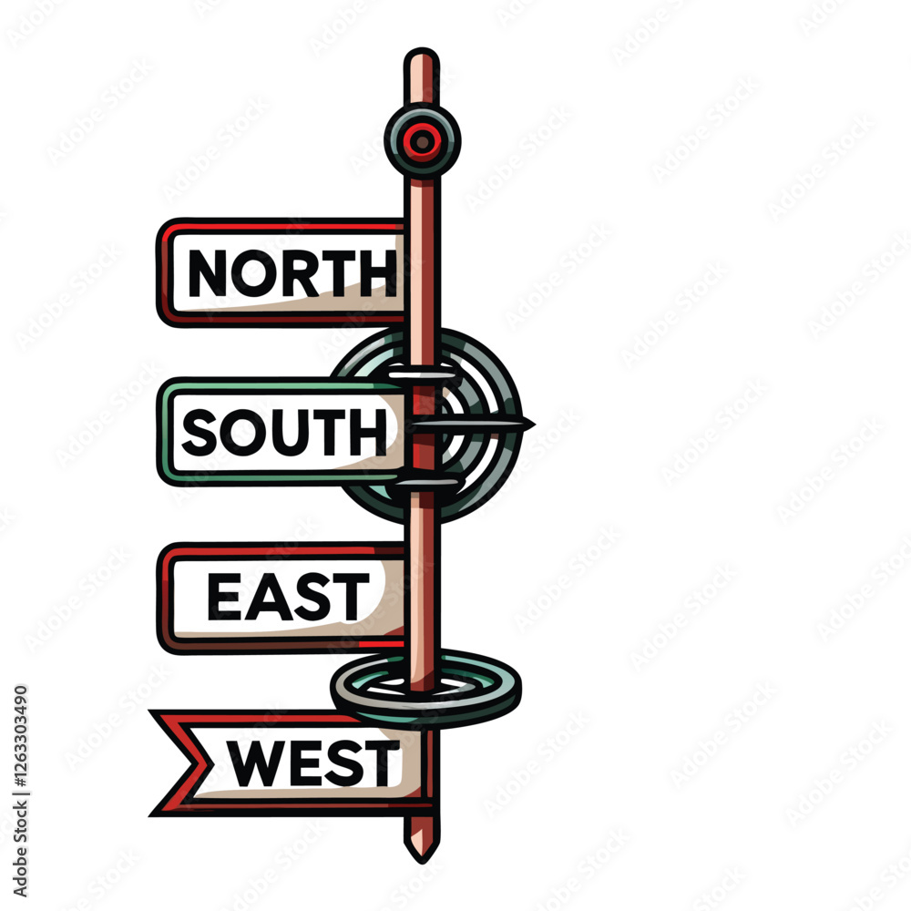 Poster create a clean, editable stroke vector illustration of a wind vane with cardinal directions clearly 