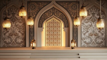 Elegant Islamic Architecture Interior Design Ramadan Background Golden Lanterns