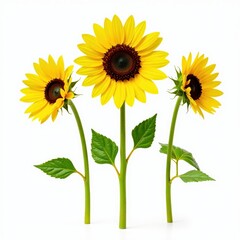 Fototapeta premium Three vibrant sunflowers, stems, leaves, isolated white background , sunflower, helianthus annuus, blossom