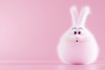 Obraz premium A fluffy white cartoon bunny with big eyes and pink ears on a pink background.
