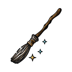 Create a vector illustration of a witch's broom with a magical effect, featuring editable strokes for easy customization.  Ensure high resolution and clean lines.
