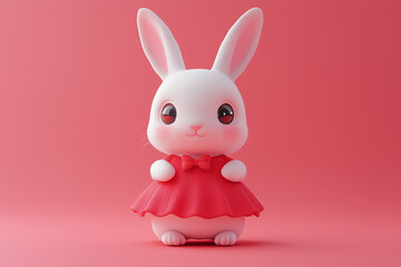 Obraz premium A cute cartoon rabbit wearing a red dress with a bow, standing against a pink background. The rabbit has large, expressive eyes and a friendly appearance.
