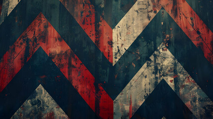 Abstract chevron pattern with distressed textures in red, black, and white, suggesting artistic decay