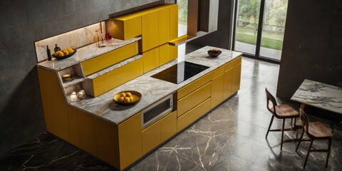 Modern Yellow Kitchen Design With Marble Countertops
