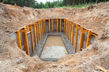 Construction site concrete base shows progress in building phase
