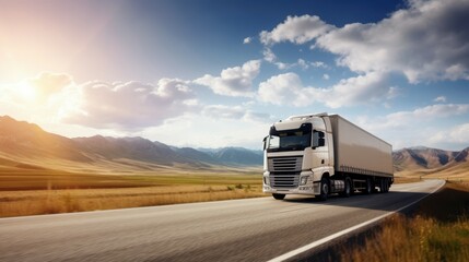 Large Truck Travels Along Scenic Road at Sunset in Mountainous Landscape