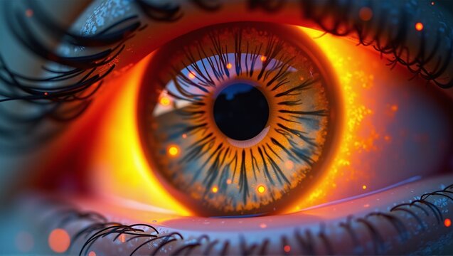 A glowing iris in a human eye signals inflammation. Redness, pain, and light sensitivity indicate potential iritis or uveitis