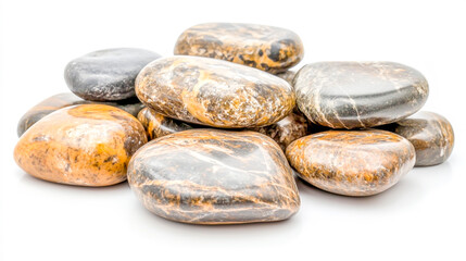Stacked natural smooth stones arranged in a balanced formation, perfect for meditation, relaxation, and decorative displays. Isolated on a white background
