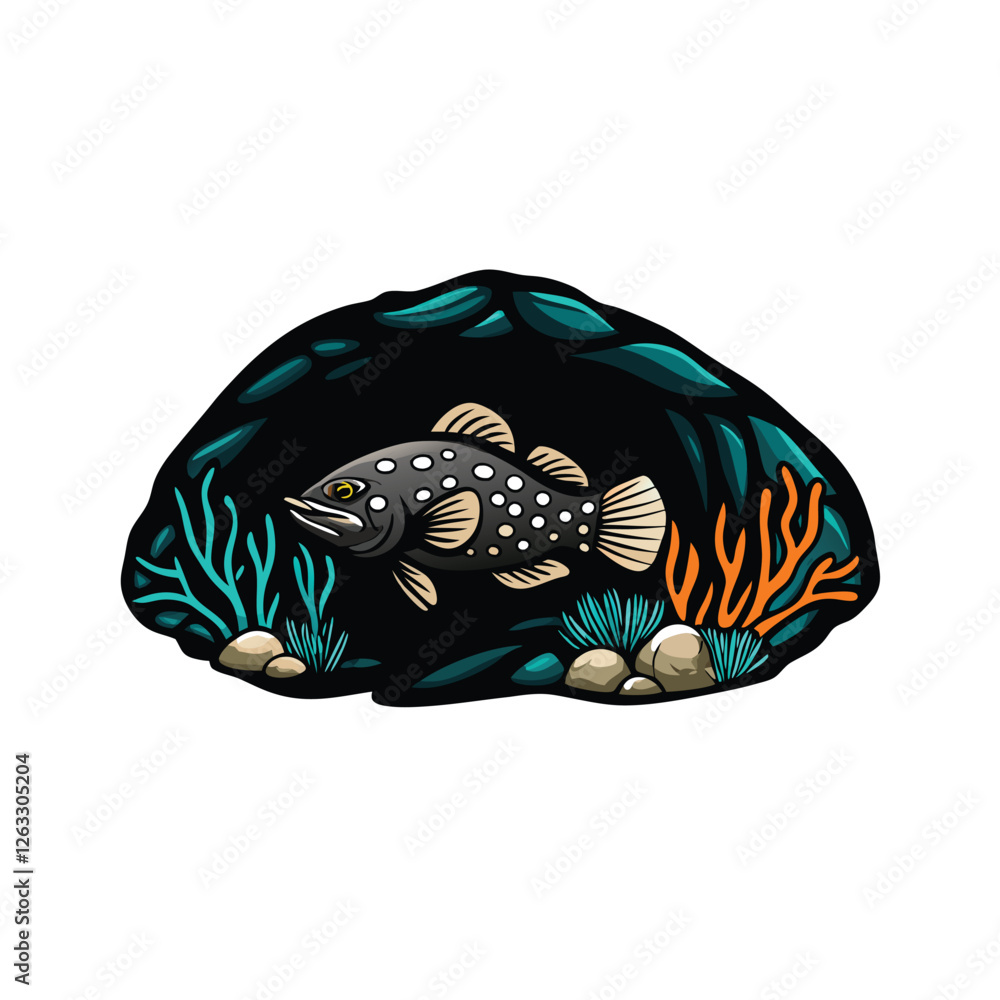 Poster create a highly detailed vector illustration of a coelacanth in a hovering pose, showcasing its uniq