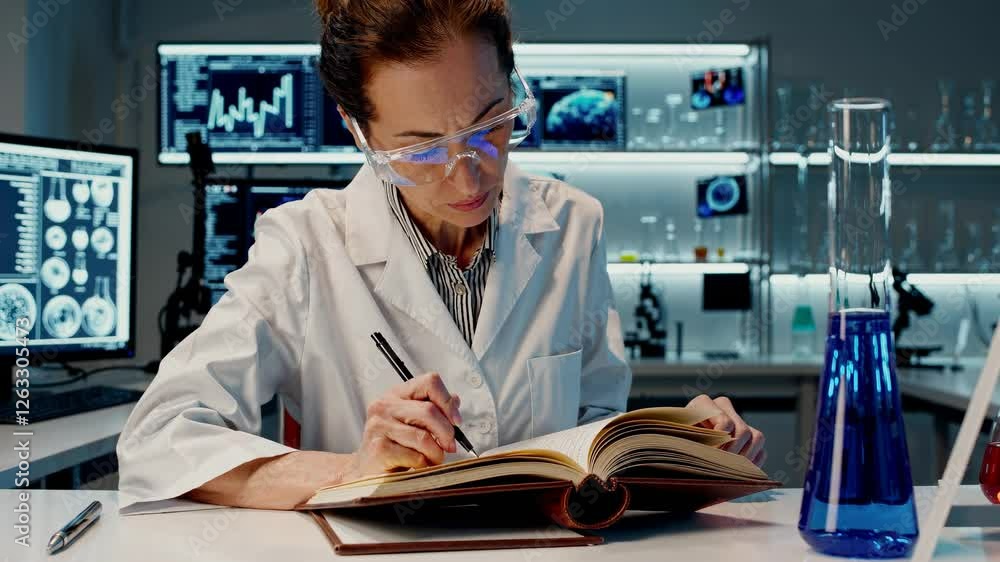 Poster a scientist in a lab coat writes notes in a lab, surrounded by screens displaying data. the video us