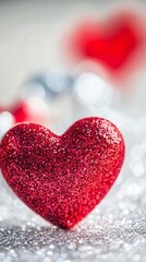 Fototapeta premium Sparkling red glitter heart decoration on shimmering silver surface with soft bokeh background, perfect for Valentine's Day or romantic celebration themes and designs.