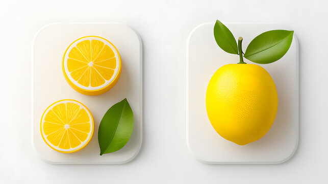 Fresh lemon slices and whole lemon with green leaves on white background evoke zesty and vibrant feel. Perfect for culinary or health related themes