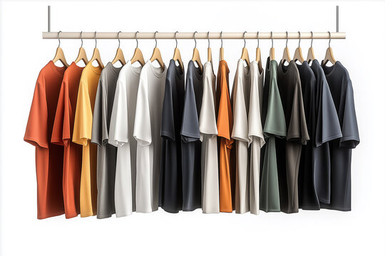 Many colorful t-shirts hanging on wooden hangers on a clothes rail