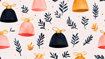 Minimalist watercolor Christmas bells with delicate leaves and dots create festive pattern. design features pink, black, and gold bells, enhancing holiday spirit