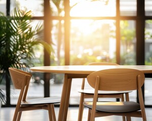 Fototapeta premium Blurred coworking space with high ceilings, modern furniture, bright natural lighting from glass walls, professional and inspiring work environment