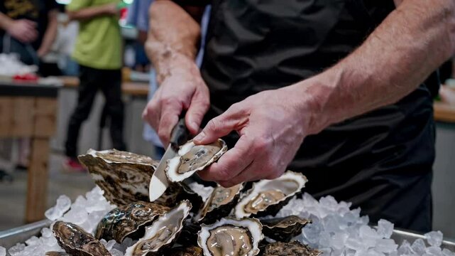Close-up video shot of hands shucking oysters on ice. The angle focuses on the detailed texture of the shells and the precision of the task.