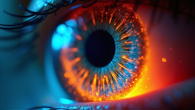 A glowing iris in a human eye signals inflammation. Redness, pain, and light sensitivity indicate potential iritis or uveitis