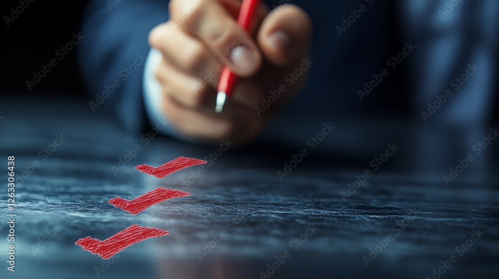 Poster hand about to check three items on a dark surface.