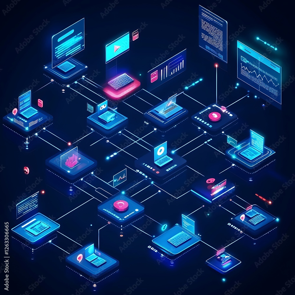 Aufkleber isometric network of interconnected digital devices and data streams.