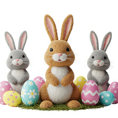 Obraz premium Three cartoon bunnies, one brown and two gray, are positioned amidst a cluster of decorated Easter eggs