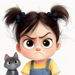 Obraz premium Grumpy little girl frowning with her kitten: a cartoon illustration