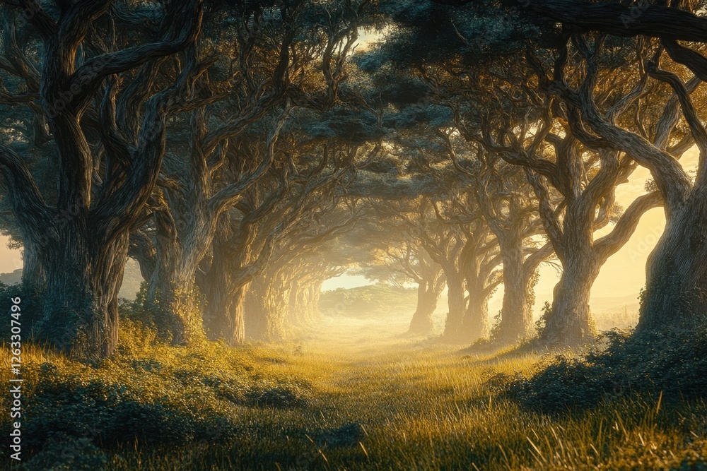 Poster enchanting pathway through ancient trees at dawn in a serene forest setting