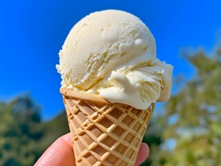 Vanilla Ice Cream Cone Held on a Sunny Day with a Bright Blue Sky