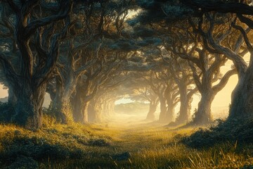 Enchanting pathway through ancient trees at dawn in a serene forest setting