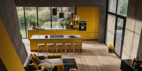 Bright yellow kitchen and living room interior in modern home