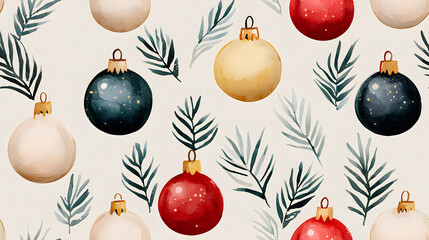 Colorful Christmas ornaments with greenery in festive pattern