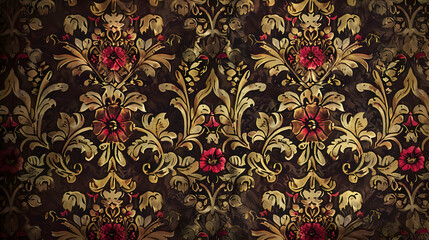 Ornate floral wallpaper design featuring intricate patterns and rich colors in a vintage style