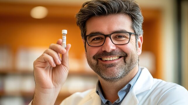 Smiling male scientist holding a small vial in a laboratory setting, showcasing research, healthcare, and scientific innovation in a professional environment - Powered by Adobe
