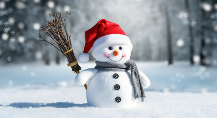 A cheerful snowman wearing a red Santa hat and a gray scarf holding a bundle of twigs as a broom, standing in a snowy field