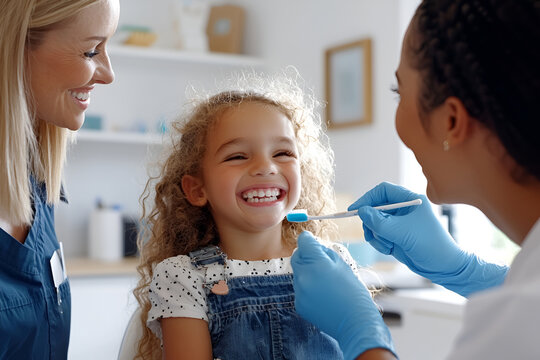 Young girl enjoying dentist visit with female professionals in clinic