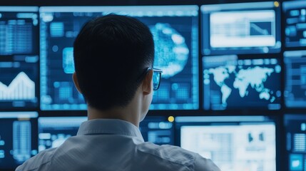 Data analysis in a high-tech control room urban center digital media corporate environment focused viewpoint technology trends