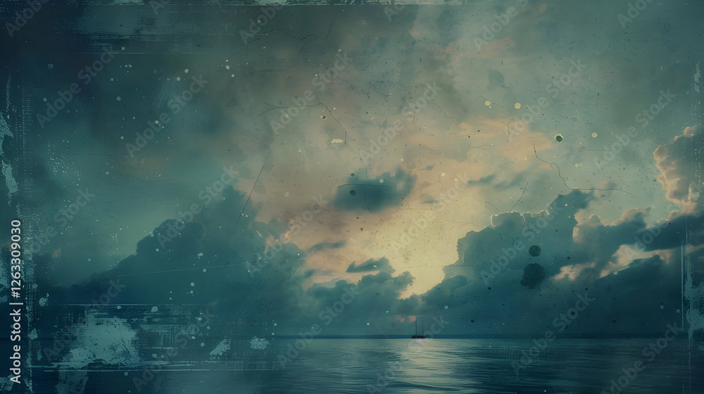 Poster serene twilight over a calm ocean with dramatic clouds reflecting soft light in the background