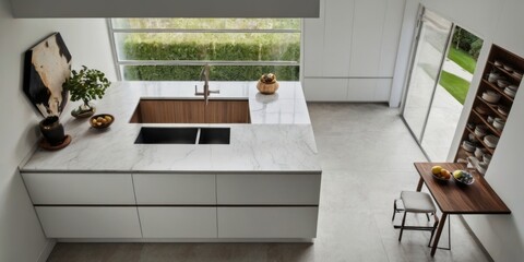 High angle of a bright contemporary kitchen interior design