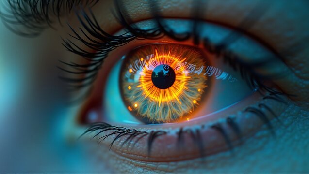 A glowing iris in a human eye signals inflammation. Redness, pain, and light sensitivity indicate potential iritis or uveitis