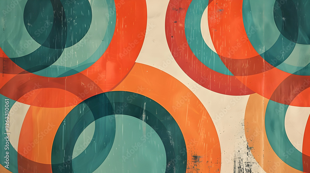 Poster abstract circles in vibrant colors create a dynamic background with a vintage texture