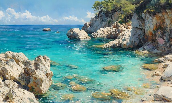 Seaside painting with rocks in the clear blue water and a tree on the hill