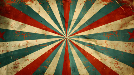 Vintage circus-style background featuring red and teal rays emanating from the center, evoking nostalgia
